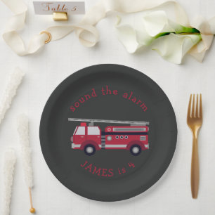 Personalized Red Fire truck Party Paper Plate