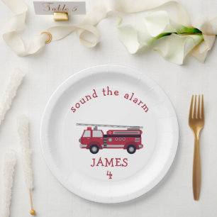 Personalized Red Fire truck Party Paper Plate