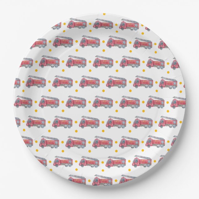 Personalized Red Fire truck Party Paper Plate (Front)