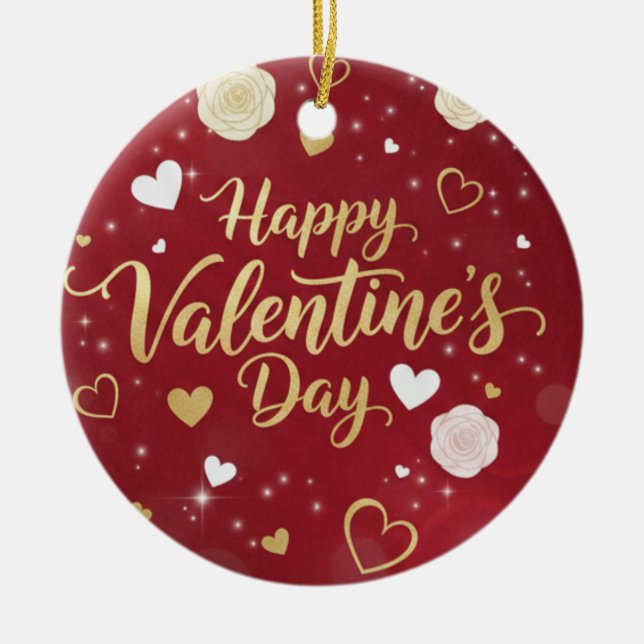 Personalized Red & Gold Romance Valentine's Ceramic Tree Decoration (Front)