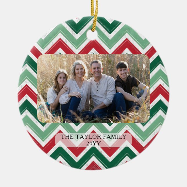 Personalized Red Green Chevron Christmas Photo Ceramic Tree Decoration (Front)
