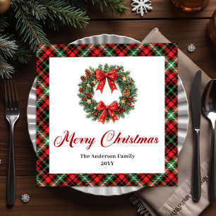 Personalized Red Green Plaid Christmas Wreath Napkin
