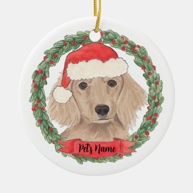 Personalized Red Long Haired Dachshund Ceramic Tree Decoration (Front)