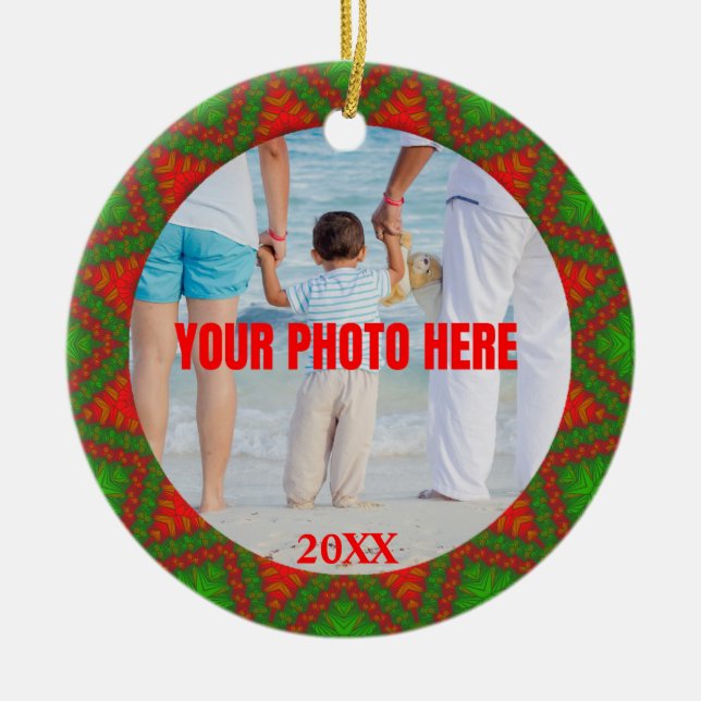 Personalized Red n Green Christmas Abstract Photo Ceramic Tree Decoration (Front)