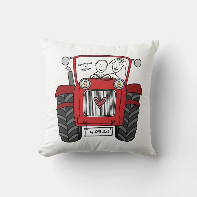 Personalized Red Tractor Country Farm Wedding Cushion (Front)