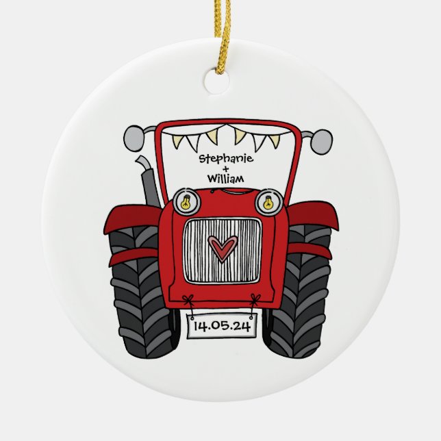 Personalized Red Tractor Country Wedding Gift Ceramic Tree Decoration (Front)