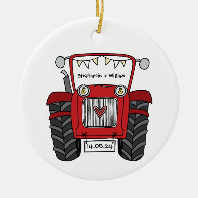 Personalized Red Tractor Country Wedding Gift Ceramic Tree Decoration (Front)