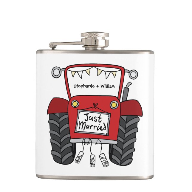 Personalized Red Tractor Country Wedding Gift Hip Flask (Front)