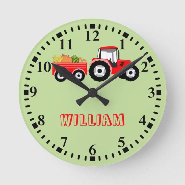 Personalized Red Tractor Truck Farm Produce Round Clock (Front)