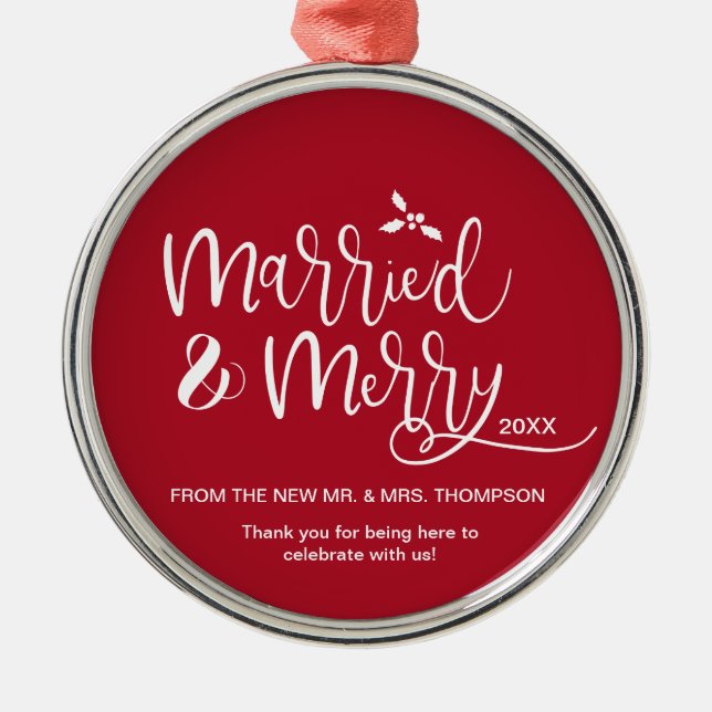 Personalized Red Wedding Favor Christmas Metal Tree Decoration (Front)