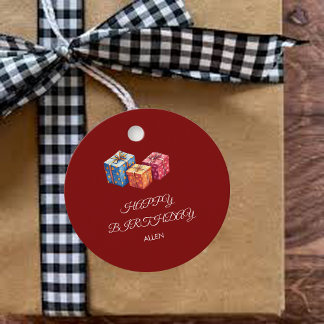 Personalized Red & White "Happy Birthday"Round Favour Tags