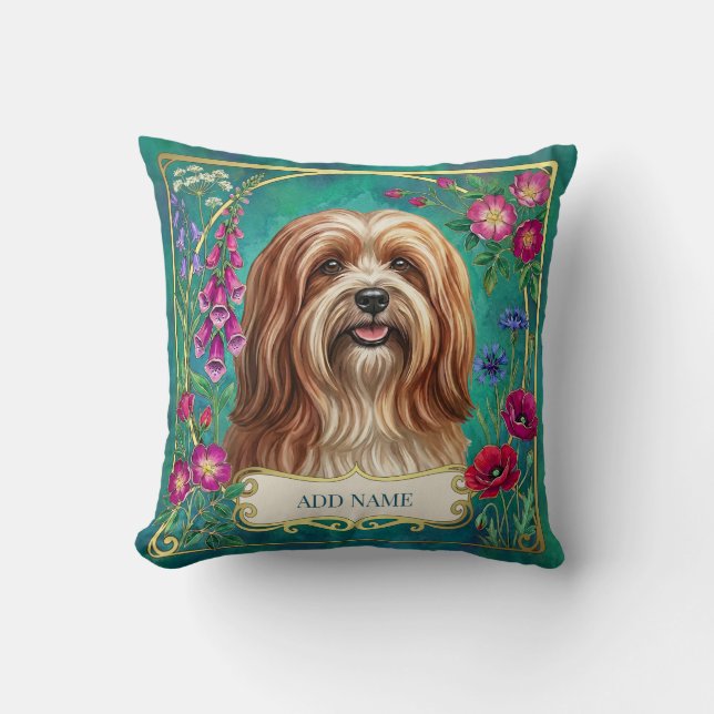Personalized Red White Lhasa Apso Floral Cushion (Front)