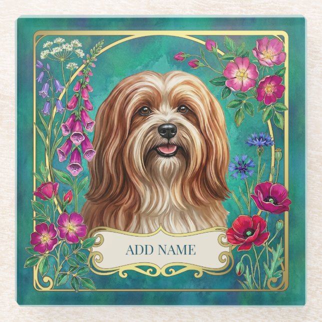 Personalized Red & White Lhasa Apso Glass Coaster (Front)
