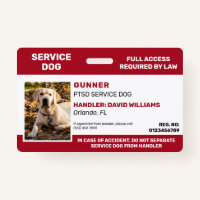 Personalized Red White Service Dog Photo ID Badge