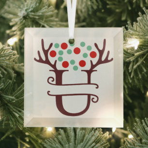 Personalized Reindeer Antlers Name "U" Glass Tree Decoration