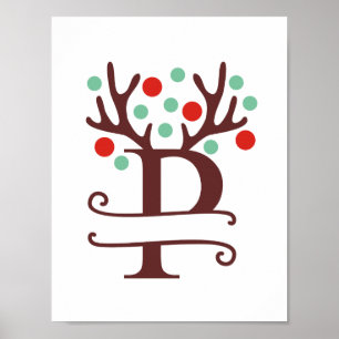 Personalized Reindeer Letter P Split Monogram Poster