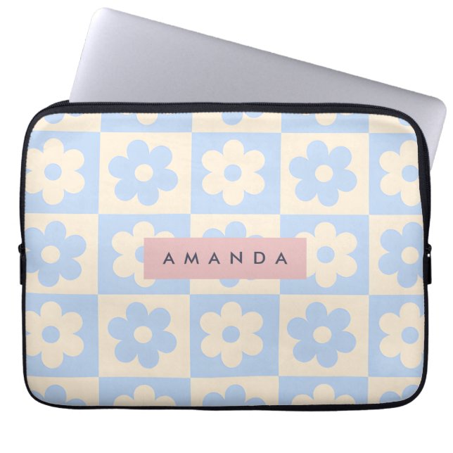 Personalized Retro Blue Daisy Pastel Flower Laptop Sleeve (Front)