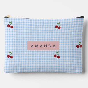 Personalized Retro Blue Gingham Cherry Print  Accessory Pouch