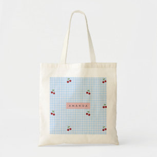 Personalized Retro Blue Gingham Cherry Print  Tote Bag