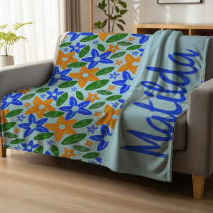 Personalized Retro Blue & Orange Floral  Fleece Blanket
