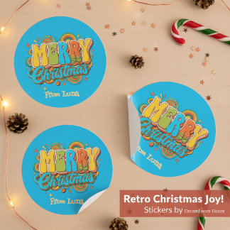 Personalized Retro Christmas Groovy Name  Classic Round Sticker