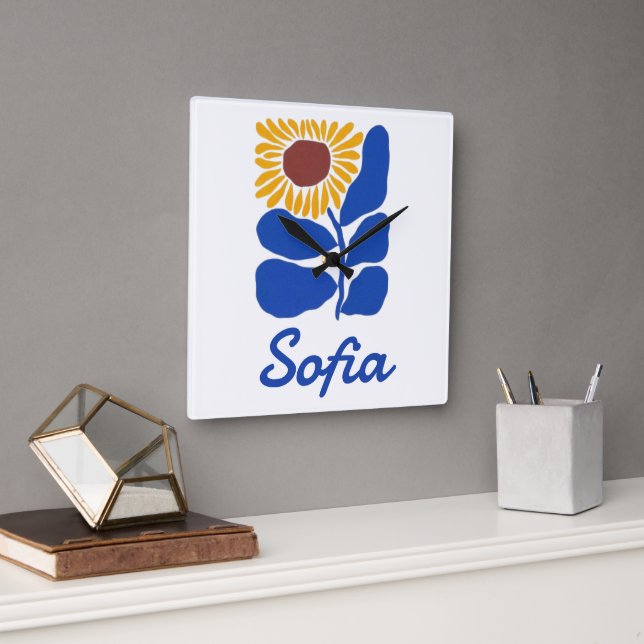 Personalized Retro Floral Daisy Custom Name Gift Square Wall Clock (Office)