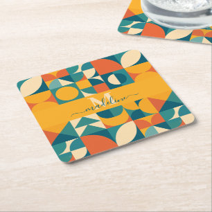 Personalized Retro Geometric Colorful  Square Paper Coaster