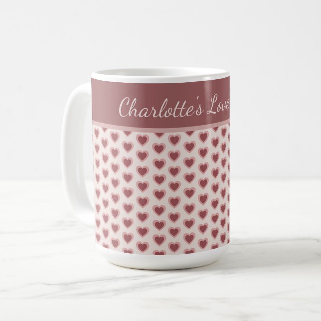 Personalized Retro Hearts Pink Burgundy Coffee Mug (Front Left)