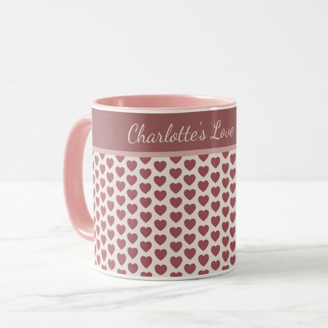Personalized Retro Hearts Pink Burgundy Mug (Front Left)