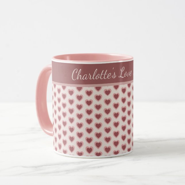 Personalized Retro Hearts Pink Burgundy Mug (Front Left)