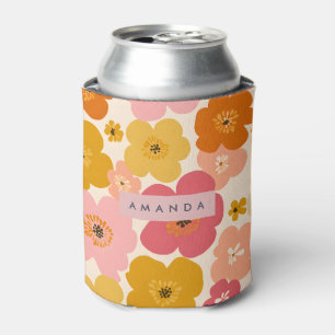 Personalized Retro Mustard and Pink Floral Blooms  Can Cooler