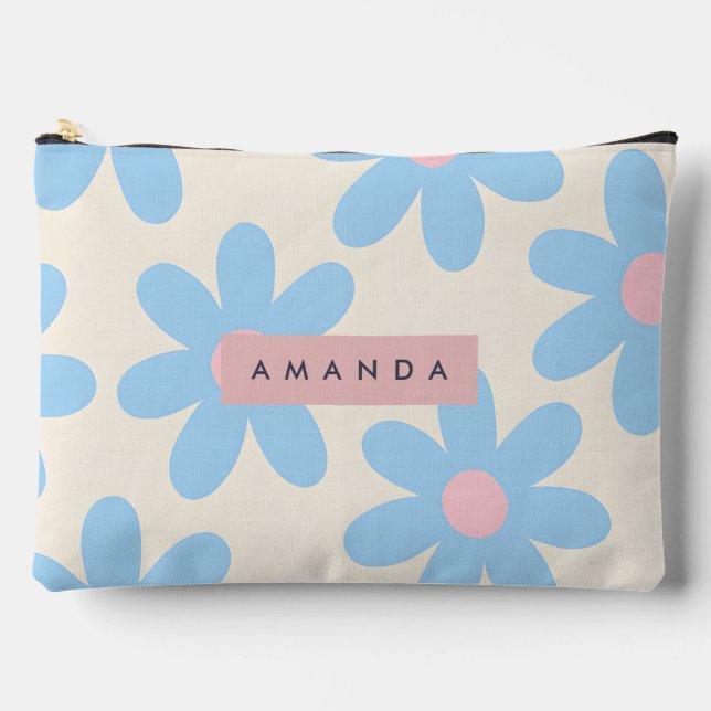 Personalized Retro Pastel Blue Daisy Floral Accessory Pouch (Front)