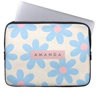 Personalized Retro Pastel Blue Daisy Floral Laptop Sleeve