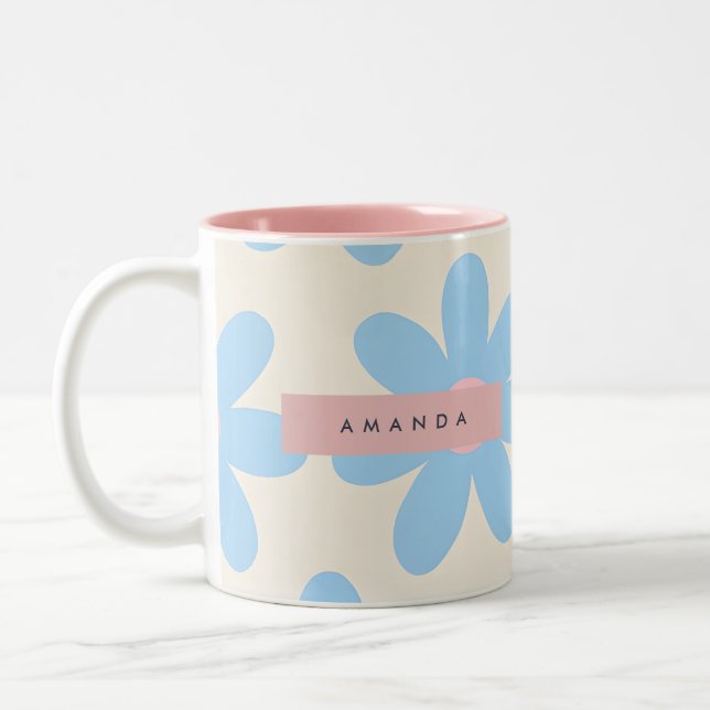 Personalized Retro Pastel Blue Daisy Floral Two-Tone Coffee Mug (Left)