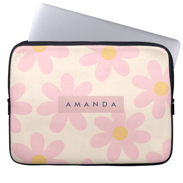 Personalized Retro Pink Daisy Floral Laptop Sleeve (Front)