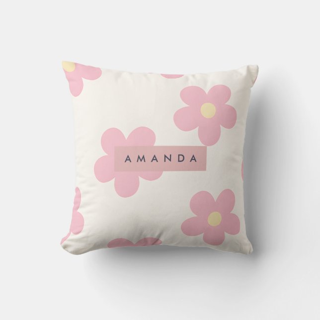 Personalized Retro Pink Daisy Flower Cushion (Front)