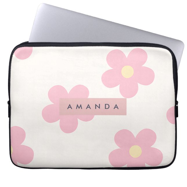 Personalized Retro Pink Daisy Flower Laptop Sleeve (Front)