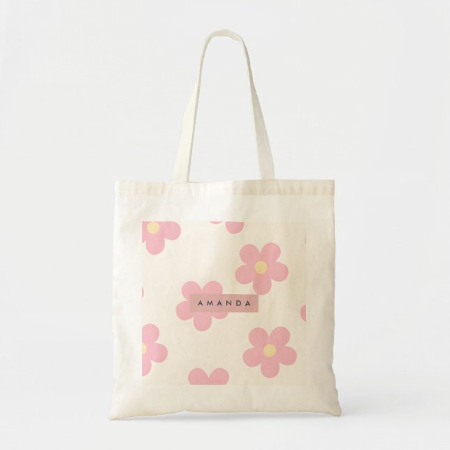 Personalized Retro Pink Daisy Flower Tote Bag (Front)
