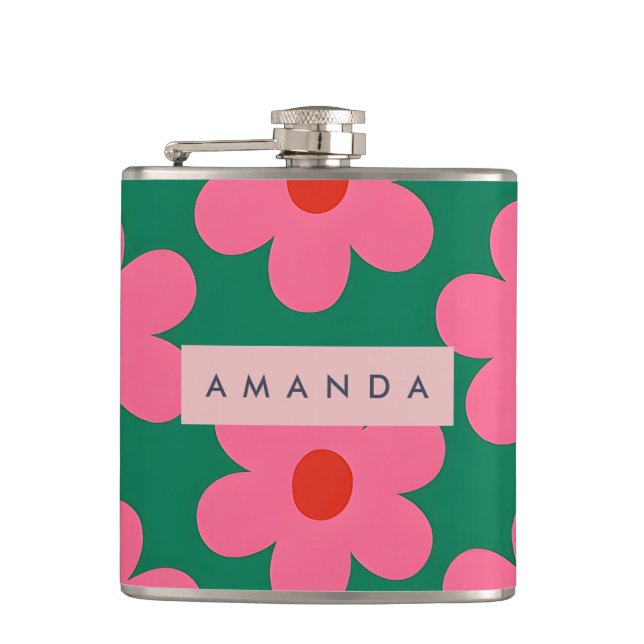 Personalized Retro Pink Daisy Flowers on Green Hip Flask (Front)