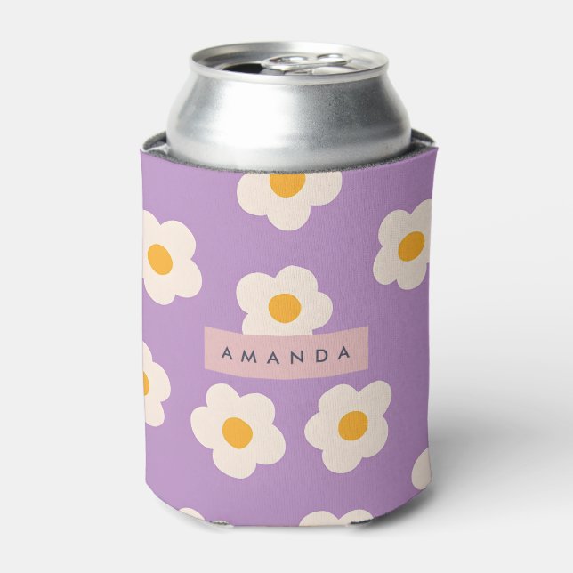 Personalized Retro Purple Daisy Flower Can Cooler (Can Front)