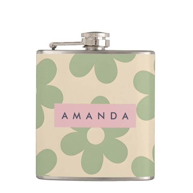 Personalized Retro Sage Green Daisy Flower Hip Flask (Front)