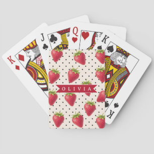 Personalized Retro Strawberry Polka Dot Vintage Playing Cards