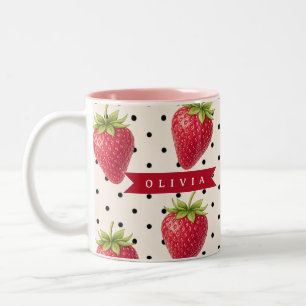 Personalized Retro Strawberry Polka Dot Vintage Two-Tone Coffee Mug