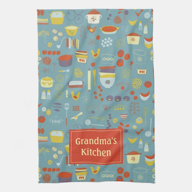 Personalized Retro Vintage Cooking Pattern Tea Towel (Vertical)