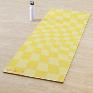 Personalized Retro Yellow Wavy Checkered Yoga Mat