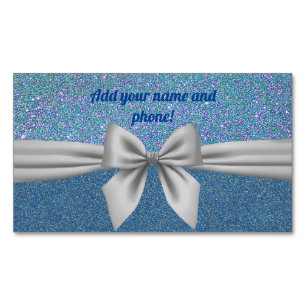 Personalized ribbon on the light blue glitter magnetic business card