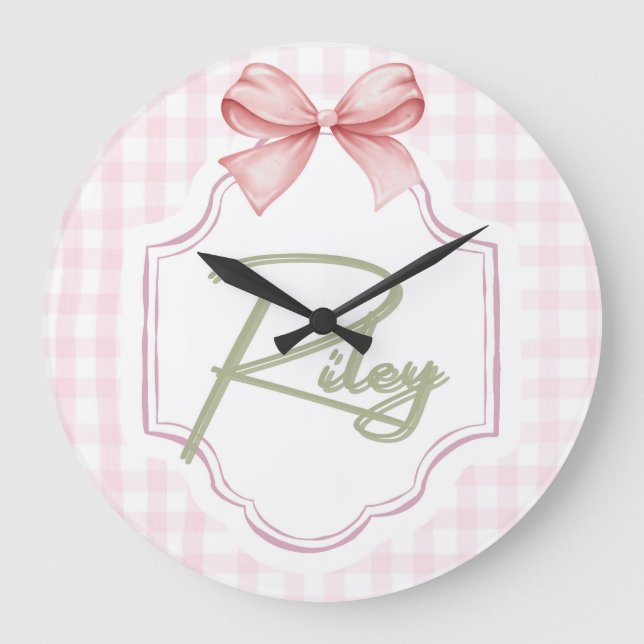 Personalized Riley Baby Girl Nursery Bow&Gingham  Large Clock (Front)