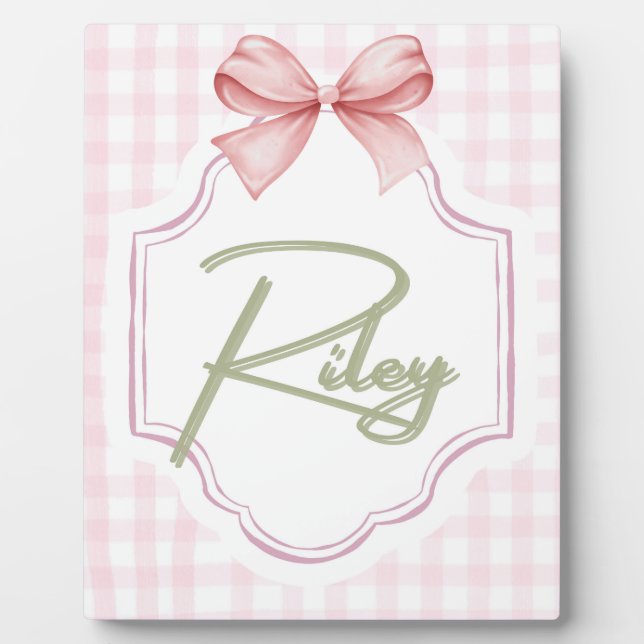 Personalized Riley Baby Girl Nursery Bow&Gingham  Plaque (Front)