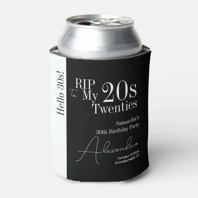 Personalized RIP 20s Hello 30s Black White Party Can Cooler (Can Front)