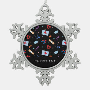 Personalized RN Nurse   Doctor Medical Pattern Snowflake Pewter Christmas Ornament